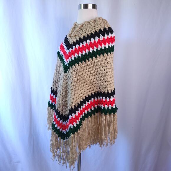 Handcrafted Brown Red Chevron Stripe Crochet Poncho Fringe Sweater Small/Medium - Picture 4 of 6
